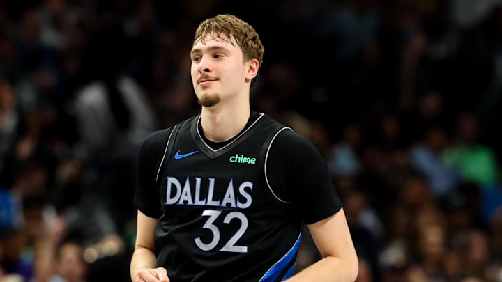 Apr 5, 2026; Dallas, Texas, USA;  Dallas Mavericks forward Cooper Flagg (32) reacts after scoring during the first half against the Los Angeles Lakers at American Airlines Center. Mandatory Credit: Kevin Jairaj-Imagn Images
