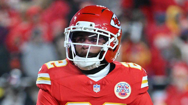 Dec 7, 2025; Kansas City, Missouri, USA; Kansas City Chiefs cornerback Trent McDuffie (22) warms up prior to the game against the Houston Texans at GEHA Field at Arrowhead Stadium. 