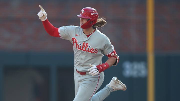 Sep 30, 2026; Cumberland, Georgia, USA;  Philadelphia Phillies first baseman Alec Bohm (28) rounds the bases after hitting a solo home run against the Atlanta Braves in the tenth inning during game two of the Wildcard round for the 2026 MLB Playoffs at Truist Park.  Mandatory Credit: Brett Davis-Imagn Images