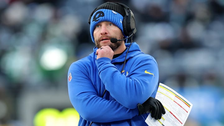 Dec 22, 2024; East Rutherford, New Jersey, USA; Los Angeles Rams head coach Sean McVay coaches against the New York Jets during the fourth quarter at MetLife Stadium. Mandatory Credit: Brad Penner-Imagn Images