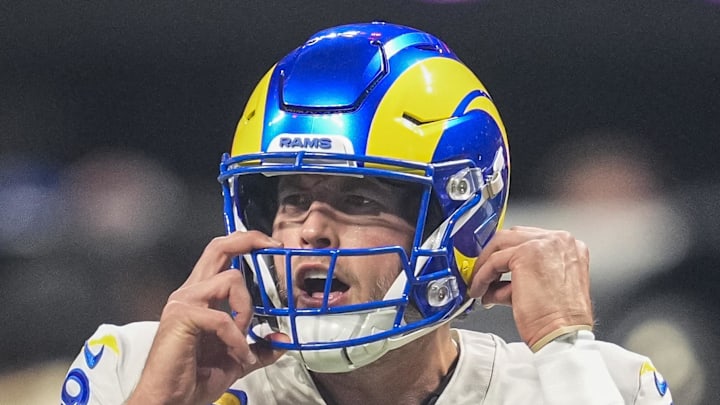 Dec 29, 2025; Atlanta, Georgia, USA; Los Angeles Rams quarterback Matthew Stafford (9) shown on the field prior to the game against the Atlanta Falcons at Mercedes-Benz Stadium. Mandatory Credit: Dale Zanine-Imagn Images