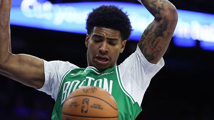 Oct 16, 2026; Philadelphia, Pennsylvania, USA; Boston Celtics forward Chris Cenac Jr. (12) dunks the ball against the Philadelphia 76ers during the fourth quarter at Xfinity Mobile Arena. Mandatory Credit: Bill Streicher-Imagn Images