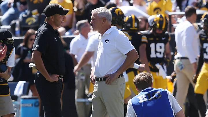 Iowa State football coach Matt Campbell, middle left, speaks with Iowa coach Kirk Ferentz, middle right, before the Cy-Hawk football game at Kinnick Stadium on Saturday, Sept. 7, 2024, in Iowa City. Iowa State football coach Matt Campbell, middle left, speaks with Iowa coach Kirk Ferentz, middle right, before the Cy-Hawk football game at Kinnick Stadium on Saturday, Sept. 7, 2024, in Iowa City.