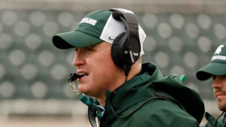 April 18, 2026; East Lansing, Mich.; Michigan State Spartans head coach Pat Fitzgerald gets his whistle ready during the "Spring Showcase" at Spartan Stadium. April 18, 2026; East Lansing, Mich.; Michigan State Spartans head coach Pat Fitzgerald gets his whistle ready during the "Spring Showcase" at Spartan Stadium.