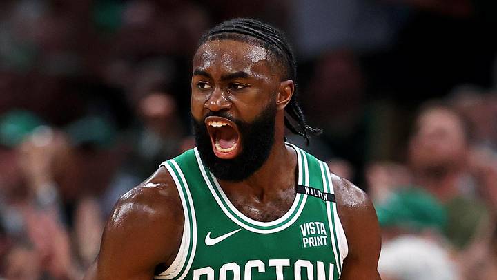Jun 17, 2024; Boston, Massachusetts, USA; Boston Celtics guard Jaylen Brown (7) celebrates after making a three pointer against the Dallas Mavericks in game five of the 2024 NBA Finals at TD Garden. Mandatory Credit: Peter Casey-USA TODAY Sports