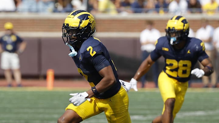 Sep 14, 2024; Ann Arbor, Michigan, USA;  Michigan Wolverines defensive back Will Johnson (2) pursues a play against the Arkansas State Red Wolves at Michigan Stadium.