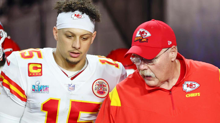 Feb 12, 2023; Glendale, Arizona, US; Kansas City Chiefs quarterback Patrick Mahomes (15) talks with head coach Andy Reid before the start of the third quarter of Super Bowl LVII at State Farm Stadium. Feb 12, 2023; Glendale, Arizona, US; Kansas City Chiefs quarterback Patrick Mahomes (15) talks with head coach Andy Reid before the start of the third quarter of Super Bowl LVII at State Farm Stadium.