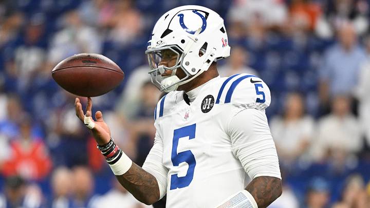 Indianapolis Colts quarterback Anthony Richardson Sr. (5) warms up before the game against the Denver Broncos at Lucas Oil Stadium. Indianapolis Colts quarterback Anthony Richardson Sr. (5) warms up before the game against the Denver Broncos at Lucas Oil Stadium.