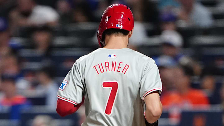 Sep 22, 2024; New York City, New York, USA; Philadelphia Phillies shortstop Trea Turner (7) scores a run on Philadelphia Phillies third baseman Alec Bohm (not pictured) RBI single against the New York Mets during the first inning at Citi Field