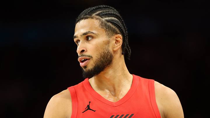 Apr 14, 2026; Phoenix, Arizona, USA; Portland Trail Blazers forward Toumani Camara (33) against the Phoenix Suns during the play-in rounds of the 2026 NBA Playoffs at Mortgage Matchup Center. Mandatory Credit: Mark J. Rebilas-Imagn Images