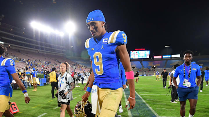 Aug 30, 2025; Pasadena, California, USA; UCLA Bruins quarterback Nico Iamaleava (9) following the loss against the Utah Utes during the second half at Rose Bowl. Mandatory Credit: Gary A. Vasquez-Imagn Images