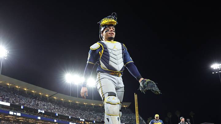 Oct 15, 2026; Los Angeles, California, USA; Milwaukee Brewers catcher William Contreras (24) leaves the field after the ninth inning in game four of the NLCS for the 2026 MLB Playoffs against the Los Angeles Dodgers at Uniqlo Field at Dodger Stadium. Mandatory Credit: Kiyoshi Mio-Imagn Images Oct 15, 2026; Los Angeles, California, USA; Milwaukee Brewers catcher William Contreras (24) leaves the field after the ninth inning in game four of the NLCS for the 2026 MLB Playoffs against the Los Angeles Dodgers at Uniqlo Field at Dodger Stadium. Mandatory Credit: Kiyoshi Mio-Imagn Images