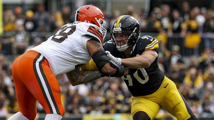 Oct 12, 2025; Pittsburgh, Pennsylvania, USA; Pittsburgh Steelers outside linebacker T.J. Watt (90) rushes at Cleveland Browns offensive tackle Jack Conklin (78) during the first quarter Acrisure Stadium. Mandatory Credit: Charles LeClaire-Imagn Images