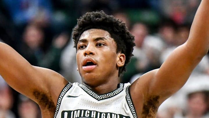 Michigan State's Jeremy Fears Jr. celebrates after a Coen Carr dunk against UCLA during the second half on Tuesday, Feb. 17, 2026, at the Breslin Center in East Lansing.