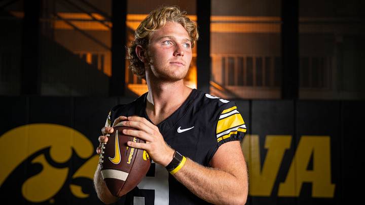 Iowa quarterback Hank Brown (9) stands for a portrait during Hawkeye football media day, Friday, Aug. 14, 2026, in Iowa City.