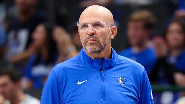 Oct 10, 2024; Dallas, Texas, USA;  Dallas Mavericks head coach Jason Kidd reacts during the first half against the Utah Jazz at American Airlines Center. Mandatory Credit: Kevin Jairaj-Imagn Images