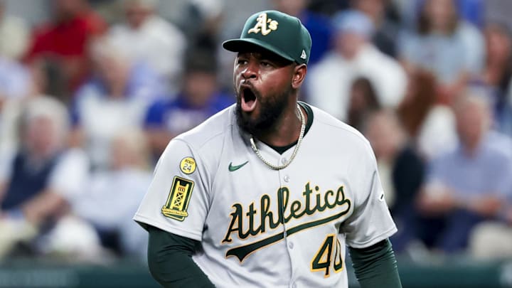 Apr 30, 2025; Arlington, Texas, USA;  Oakland Athletics starting pitcher Luis Severino (40) reacts during the third inning against the Texas Rangers at Globe Life Field