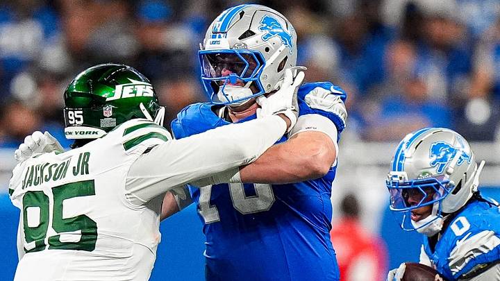 Detroit Lions offensive tackle Blake Miller (76) blocks New York Jets defensive lineman Darrell Jackson Jr. (95) during the second half at Ford Field in Detroit on Sunday, Sept. 27, 2026. Detroit Lions offensive tackle Blake Miller (76) blocks New York Jets defensive lineman Darrell Jackson Jr. (95) during the second half at Ford Field in Detroit on Sunday, Sept. 27, 2026.