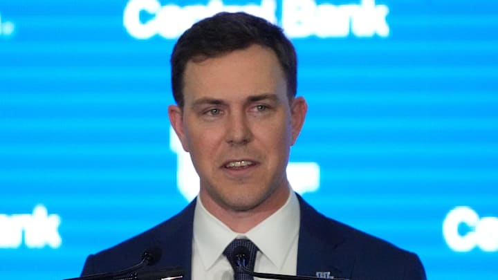 New Kentucky Wildcat head coach Will Stein makes remarks as he is introduced at Kentucky on Wednesday, December 3, 2025