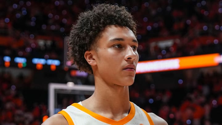 Tennessee forward Nate Ament (10) walks off the court after losing a NCAA basketball game between Tennessee and Alabama at Thompson-Boling Arena at Food City Center in Knoxville, Tenn., on Feb. 28, 2026.
