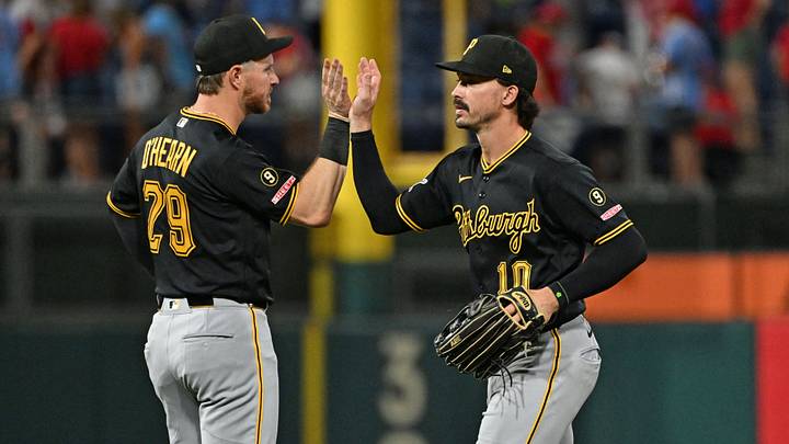 Jun 29, 2026; Philadelphia, Pennsylvania, USA; Pittsburgh Pirates right fielder Ryan O'Hearn (29) and left fielder Bryan Reynolds (10) celebrate win against the Philadelphia Phillies at Citizens Bank Park. Mandatory Credit: Eric Hartline-Imagn Images Jun 29, 2026; Philadelphia, Pennsylvania, USA; Pittsburgh Pirates right fielder Ryan O'Hearn (29) and left fielder Bryan Reynolds (10) celebrate win against the Philadelphia Phillies at Citizens Bank Park. Mandatory Credit: Eric Hartline-Imagn Images