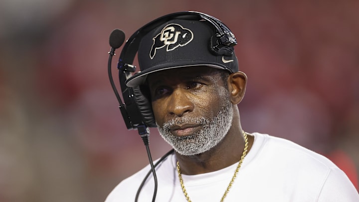 Sep 12, 2025; Houston, Texas, USA; Colorado Buffaloes head coach Deion Sanders looks on from the sideline during the first half against the Houston Cougars at TDECU Stadium. Mandatory Credit: Troy Taormina-Imagn Images