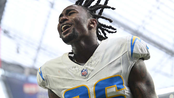Sep 24, 2023; Minneapolis, Minnesota, USA; Los Angeles Chargers cornerback Asante Samuel Jr. (26) reacts after the game against the Minnesota Vikings at U.S. Bank Stadium. Mandatory Credit: Jeffrey Becker-Imagn Images