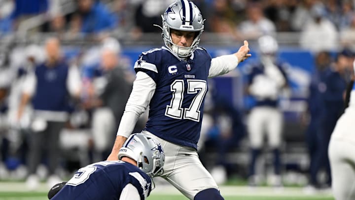 Dallas Cowboys place kicker Brandon Aubrey kicks a field goal during the first half against the Detroit Lions. Dallas Cowboys place kicker Brandon Aubrey kicks a field goal during the first half against the Detroit Lions.