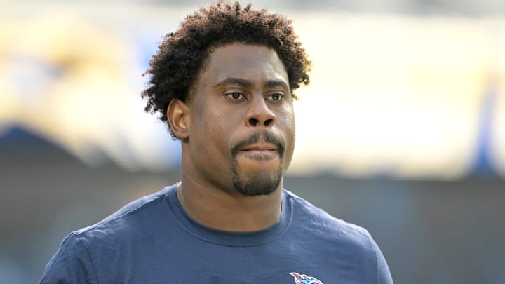 Nov 10, 2024; Inglewood, California, USA;  Tennessee Titans defensive tackle Sebastian Joseph-Day (69) warms up prior to the game against the Los Angeles Chargers at SoFi Stadium. Mandatory Credit: Jayne Kamin-Oncea-Imagn Images
