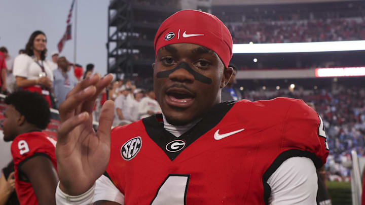 Oct 18, 2025; Athens, Georgia, USA; Georgia Bulldogs defensive back Kj Bolden (4) after the game against the Mississippi Rebels at Sanford Stadium. Mandatory Credit: Brett Davis-Imagn Images