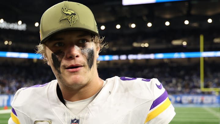 Nov 2, 2025; Detroit, Michigan, USA; Minnesota Vikings quarterback J.J. McCarthy (9) walks off the field after the game against the Detroit Lions at Ford Field.