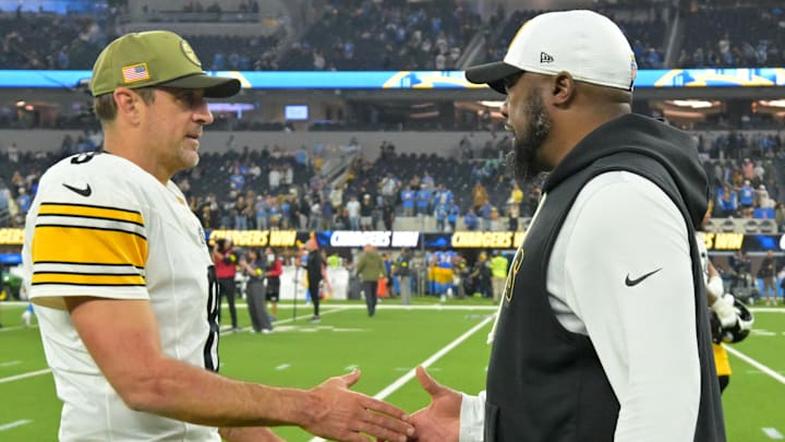Nov 9, 2025; Inglewood, California, USA; Pittsburgh Steelers quarterback Aaron Rodgers (8) shakes hands with head coach Mike Tomlin after the game against the Los Angeles Chargers at SoFi Stadium. Mandatory Credit: Jayne Kamin-Oncea-Imagn Images