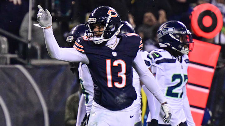 Dec 26, 2024; Chicago, Illinois, USA; Chicago Bears wide receiver Keenan Allen (13) signals first down after a catch against the Seattle Seahawks during the second quarter at Soldier Field. Mandatory Credit: Daniel Bartel-Imagn Images