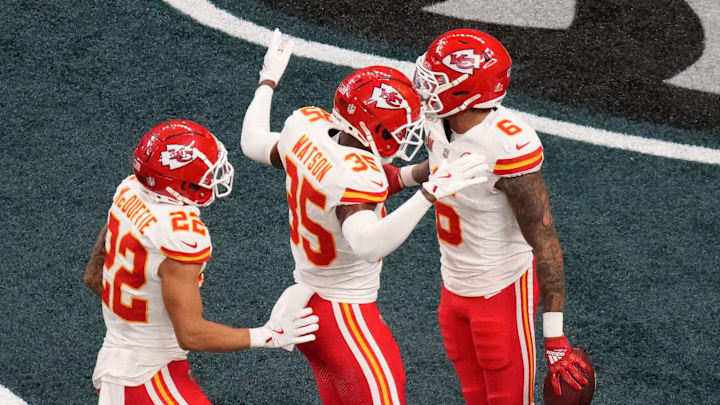Feb 9, 2025; New Orleans, LA, USA; Kansas City Chiefs safety Bryan Cook (6) reacts with cornerback Jaylen Watson (35) and cornerback Trent McDuffie (22) after an interception during the second quarter in Super Bowl LIX  against the Philadelphia Eagles at Caesars Superdome. Mandatory Credit: Kirby Lee-Imagn Images