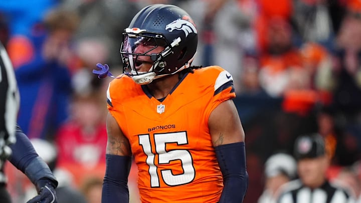 Nov 17, 2024; Denver, Colorado, USA; Denver Broncos linebacker Nik Bonitto (15) celebrates his sack in the second half against the Atlanta Falcons at Empower Field at Mile High. Nov 17, 2024; Denver, Colorado, USA; Denver Broncos linebacker Nik Bonitto (15) celebrates his sack in the second half against the Atlanta Falcons at Empower Field at Mile High.