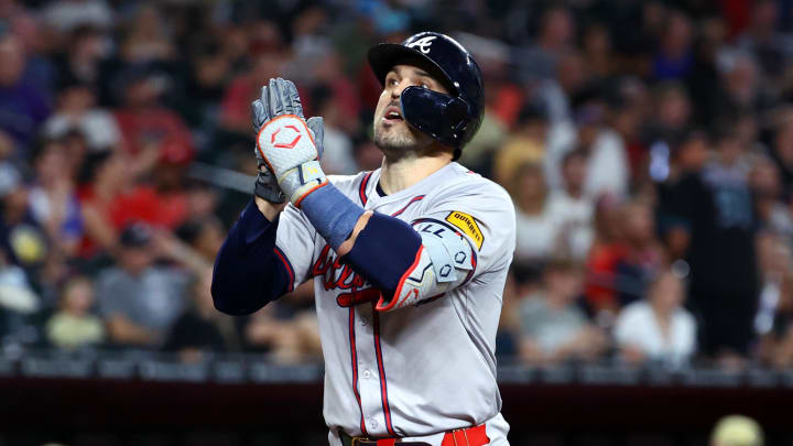 Atlanta Braves outfielder Adam Duvall celebrates after hitting a three run home run in the sixth inning against the Arizona Diamondbacks Atlanta Braves outfielder Adam Duvall celebrates after hitting a three run home run in the sixth inning against the Arizona Diamondbacks