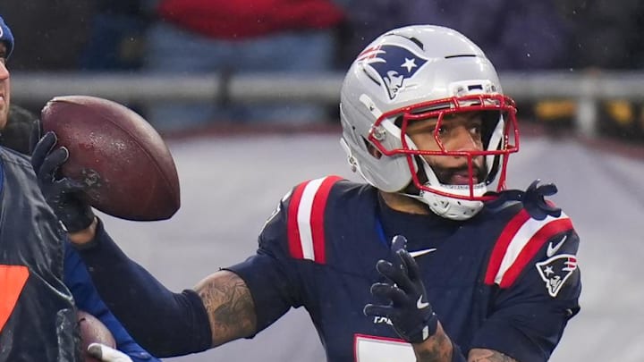 Jan 18, 2026; Foxborough, MA, USA; New England Patriots cornerback Carlton Davis III (7) reacts after intercepting the ball in the second quarter against Houston Texans in an AFC Divisional Round game at Gillette Stadium. Mandatory Credit: David Butler II-Imagn Images