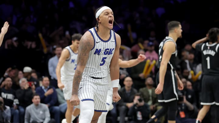 Jan 7, 2026; Brooklyn, New York, USA; Orlando Magic forward Paolo Banchero (5) celebrates his overtime game-winning three point shot against the Brooklyn Nets at Barclays Center. Mandatory Credit: Brad Penner-Imagn Images Jan 7, 2026; Brooklyn, New York, USA; Orlando Magic forward Paolo Banchero (5) celebrates his overtime game-winning three point shot against the Brooklyn Nets at Barclays Center. Mandatory Credit: Brad Penner-Imagn Images