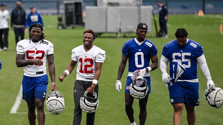 New York Giants rookies Arvell Reese (52), Colton Hood (12), Malachi Fields (0) and Francis Mauigoa (65) New York Giants rookies Arvell Reese (52), Colton Hood (12), Malachi Fields (0) and Francis Mauigoa (65)