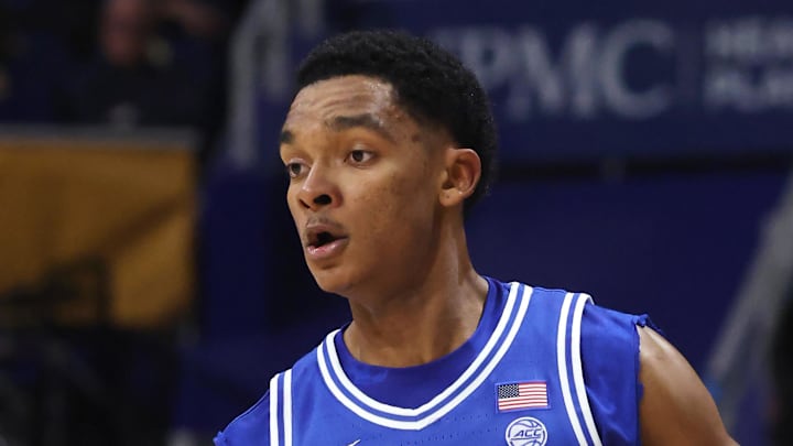 Feb 10, 2026; Pittsburgh, Pennsylvania, USA;  Duke Blue Devils guard Caleb Foster (1) dribbles the ball against the Pittsburgh Panthers during the first half at Petersen Events Center. Mandatory Credit: Charles LeClaire-Imagn Images