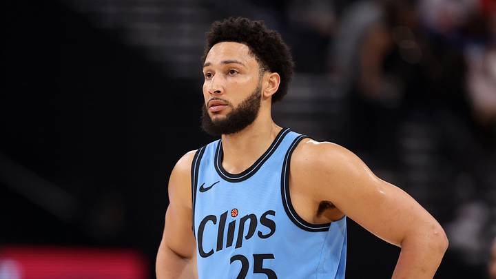 Apr 5, 2025; Inglewood, California, USA;  Los Angeles Clippers guard Ben Simmons (25) looks on during the first half against the Dallas Mavericks at Intuit Dome. Mandatory Credit: Kiyoshi Mio-Imagn Images
