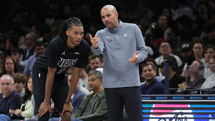 Mar 31, 2026; Brooklyn, New York, USA; Brooklyn Nets head coach Jordi Fernandez talks to forward Ziaire Williams (1) during the second quarter against the Charlotte Hornets at Barclays Center. Mandatory Credit: Brad Penner-Imagn Images