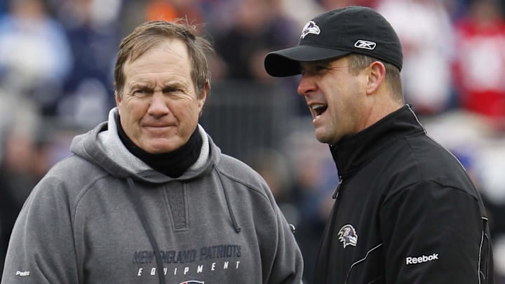 Jan 22, 2012; Foxborough, MA, USA; New England Patriots head coach Bill Belichick (left) and Baltimore Ravens head coach John Harbaugh (right) talk before the start of the 2011 AFC Championship game at Gillette Stadium. Mandatory Credit: David Butler II-Imagn Images Jan 22, 2012; Foxborough, MA, USA; New England Patriots head coach Bill Belichick (left) and Baltimore Ravens head coach John Harbaugh (right) talk before the start of the 2011 AFC Championship game at Gillette Stadium. Mandatory Credit: David Butler II-Imagn Images