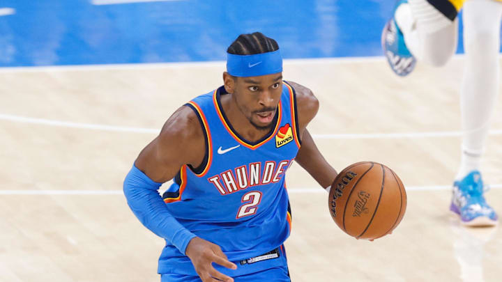 Jun 22, 2025; Oklahoma City, Oklahoma, USA; Oklahoma City Thunder guard Shai Gilgeous-Alexander (2) dribbles the ball against the Indiana Pacers during the first half of game seven of the 2025 NBA Finals at Paycom Center. Mandatory Credit: Alonzo Adams-Imagn Images