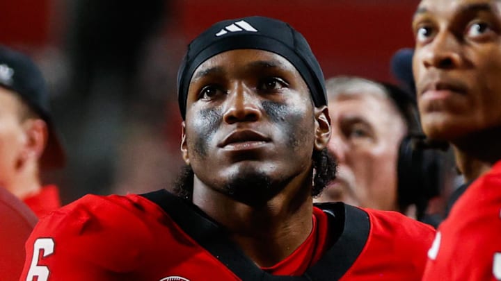 Sep 27, 2025; Raleigh, North Carolina, USA;  North Carolina State Wolfpack CB Devon Marshall (6) looks up to the scoreboard during the second half of the game against Virginia Tech Hokies at Carter-Finley Stadium. Mandatory Credit: Jaylynn Nash-Imagn Images