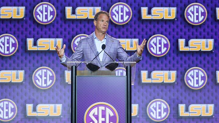 Jul 23, 2026; Tampa, FL, USA; LSU Tigers head coach Lane Kiffin speaks to the press during SEC Football Kickoff Media Day at the Tampa Marriott. Mandatory Credit: Nathan Ray Seebeck-Imagn Images