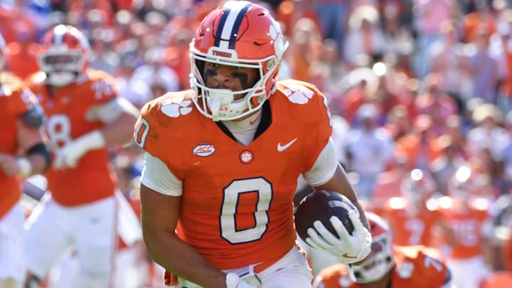 Nov 1, 2025; Clemson, South Carolina, USA; Clemson Tigers wide receiver Antonio Williams (0) catches a pass during the NCAA football game against the Duke Blue Devils at Memorial Stadium. Mandatory Credit: Alex Martin-Imagn Images