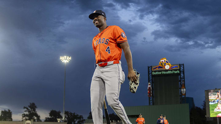 Sep 24, 2025; West Sacramento, California, USA; Houston Astros left fielder Jesus Sanchez (4) walks towards the dugout before the start of the game against the Athletics at Sutter Health Park. Mandatory Credit: Cary Edmondson-Imagn Images