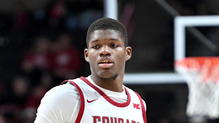 Nov 21, 2024; Spokane, Washington, USA; Washington State Cougars guard Cedric Coward (0) controls the ball against the Eastern Washington Eagles in the second half at Spokane Veterans Memorial Arena. Mandatory Credit: James Snook-Imagn Images Nov 21, 2024; Spokane, Washington, USA; Washington State Cougars guard Cedric Coward (0) controls the ball against the Eastern Washington Eagles in the second half at Spokane Veterans Memorial Arena. Mandatory Credit: James Snook-Imagn Images