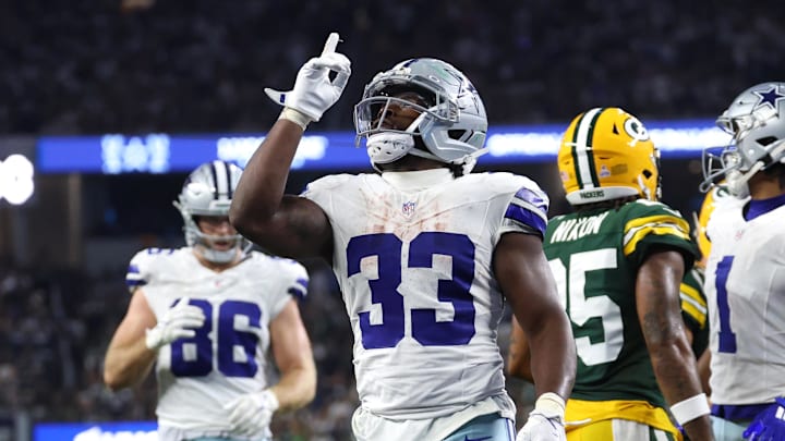 Dallas Cowboys running back Javonte Williams celebrates after scoring a touchdown against the Green Bay Packers Dallas Cowboys running back Javonte Williams celebrates after scoring a touchdown against the Green Bay Packers